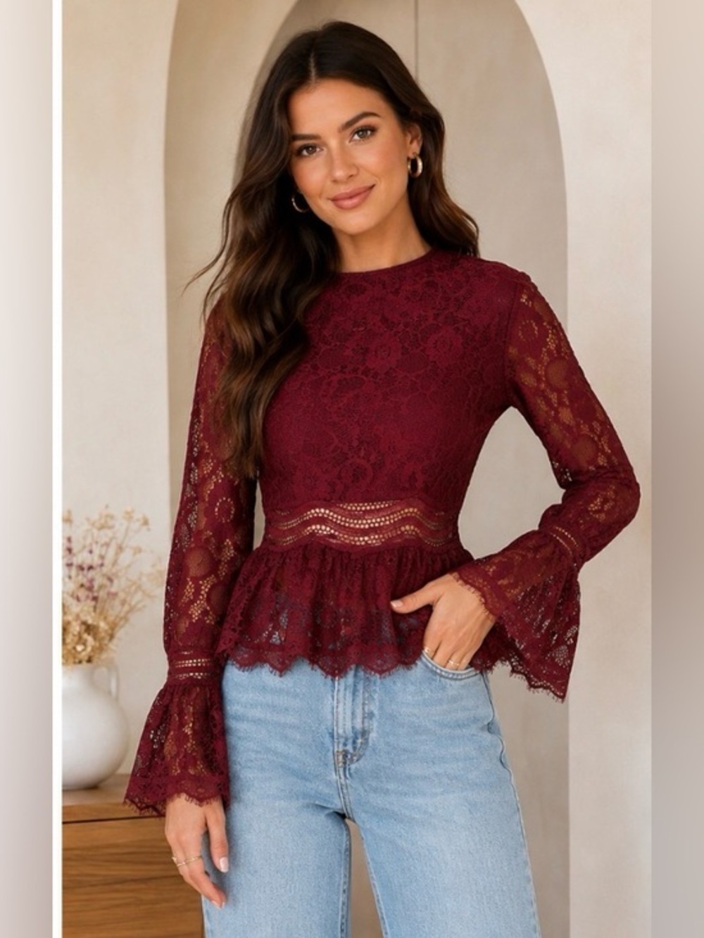 Vici Burgundy Lace Peplum Blouse SIZE SMALL